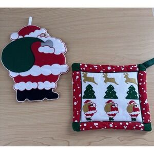 Vtg Christmas Linen Embroidered Potholders Set Lot Santa Claus Cottage Nos‎ 80s